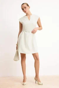 TRENDYOLMiLLA Ecru Arched Skirt Opened at Waist Mini Weaving Dress - Image 2