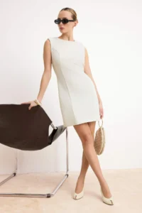 TRENDYOLMİLLA Ecru padded Plain Sleeveless Mini Flexible Weaving Dress