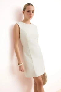 TRENDYOLMİLLA Ecru padded Plain Sleeveless Mini Flexible Weaving Dress - Image 2