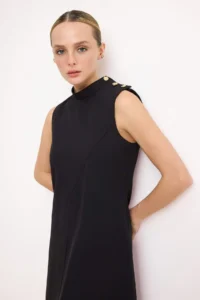 TRENDYOLMİLLA Black Plain Button Detailed Mini Weaving Dress - Image 2