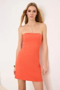 TRENDYOLMİLLA Pomegranate Strapless Short / Mini Flexible Weaving Dress - Image 2