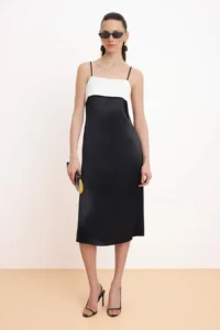 TRENDYOLMİLLA Black-White Color Bloklu Satin Midi Weaving Dress