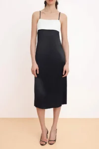 TRENDYOLMİLLA Black-White Color Bloklu Satin Midi Weaving Dress - Image 3