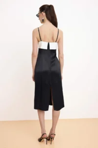 TRENDYOLMİLLA Black-White Color Bloklu Satin Midi Weaving Dress - Image 4