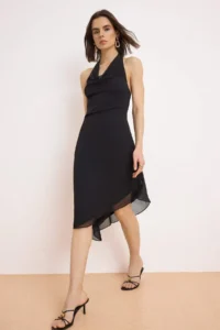 TRENDYOLMİLLA Black Plain Off-Shoulder Neck Midi Weaving Dress - Image 2