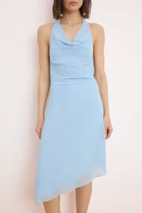 TRENDYOLMİLLA Mavi Plain Off-Shoulder Neck Midi Weaving Dress - Image 3