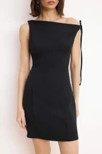 TRENDYOLMİLLA Black Asymmetric Yaka Short / Mini Flexible Weaving Dress - Image 3