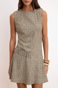 TRENDYOLMİLLA Multicolored Belt Detailed Plaid/Checkered Mini Weaving Dress - Image 3