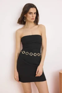 TRENDYOLMİLLA Black chained Strapless Short / Mini Flexible Weaving Dress - Image 2