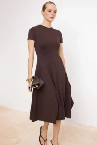 TRENDYOLMİLLA Brown Waist Opened Short Sleeve Soft Touch Knitting Dress - Image 2