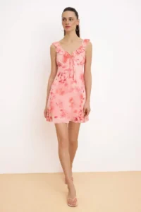 TRENDYOLMİLLA Pink Floral A-Kesim/Life Form Heart Yaka Thin Sleeveless Sleeveless Tulle Knitting Dress