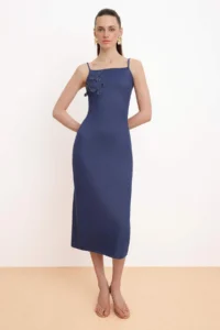 TRENDYOLMİLLA Indigo bodycon Square Neck Sleeveless Accessory Detailed 2 Yarn combed Knitting Dress