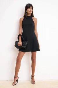 TRENDYOLMİLLA Wardrope Essentials Black Off-Shoulder Neck Short / Mini Flexible Weaving Dress