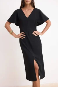 TRENDYOLMİLLA Black bodycon V-neck Angel Arm Short Sleeve Crepe Knitting Dress - Image 3