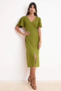 TRENDYOLMİLLA Oil Green bodycon V-neck Angel Arm Short Sleeve Crepe Knitting Dress - Image 2
