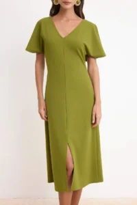 TRENDYOLMİLLA Oil Green bodycon V-neck Angel Arm Short Sleeve Crepe Knitting Dress - Image 3