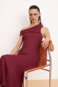 TRENDYOLMİLLA Burgundy Striped A-Kesim/Life Form Asymmetric Yaka Sleeveless textured Knitting Dress - Image 2