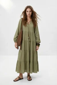 TRENDYOLMİLLA Khaki Rahat Kesim Maxi Weaving Dress