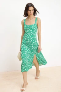 TRENDYOLMİLLA Green Floral Sleeveless Midi Weaving Dress