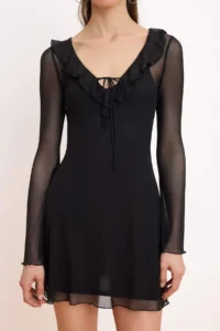TRENDYOLMİLLA Black bodycon V-neck Long Sleeve Arched Tulle Knitting Dress - Image 3