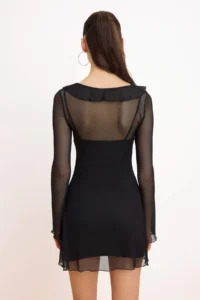 TRENDYOLMİLLA Black bodycon V-neck Long Sleeve Arched Tulle Knitting Dress - Image 4