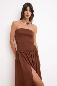 TRENDYOLMİLLA Brown Strapless Sleeveless Gipelli textured Knitting Dress - Image 2