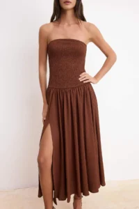 TRENDYOLMİLLA Brown Strapless Sleeveless Gipelli textured Knitting Dress - Image 3