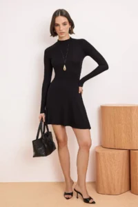 TRENDYOLMİLLA Black Waist Opening Long Sleeve Arched Soft Knitting Dress