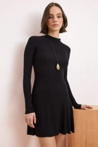 TRENDYOLMİLLA Black Waist Opening Long Sleeve Arched Soft Knitting Dress - Image 2