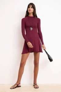 TRENDYOLMİLLA Burgundy Opened Long Sleeve Arched Soft Knitting Dress