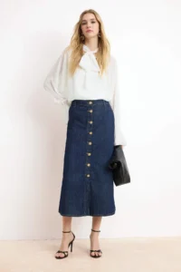 TRENDYOLMiLLA Dark Blue Draped Button Detailed Midi 100% Cotton Denim Skirt - Image 2