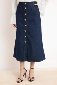 TRENDYOLMiLLA Dark Blue Draped Button Detailed Midi 100% Cotton Denim Skirt - Image 3