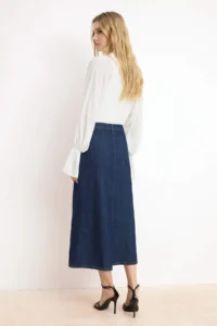 TRENDYOLMiLLA Dark Blue Draped Button Detailed Midi 100% Cotton Denim Skirt - Image 4