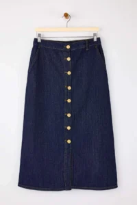 TRENDYOLMiLLA Dark Blue Draped Button Detailed Midi 100% Cotton Denim Skirt - Image 5