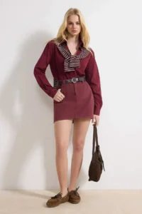 TRENDYOLMiLLA Burgundy Belt Detailed Mini 100% Cotton Denim Skirt