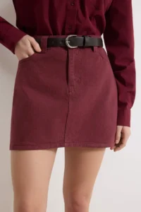 TRENDYOLMiLLA Burgundy Belt Detailed Mini 100% Cotton Denim Skirt - Image 3
