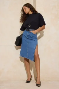 TRENDYOLMiLLA Mavi slit Asymmetric Midi 100% Cotton denim Skirt - Image 2