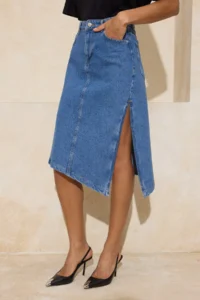 TRENDYOLMiLLA Mavi slit Asymmetric Midi 100% Cotton denim Skirt - Image 3