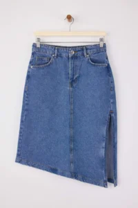 TRENDYOLMiLLA Mavi slit Asymmetric Midi 100% Cotton denim Skirt - Image 5