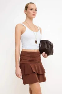 TRENDYOLMİLLA Brown skater Shirred Regular Waist Flexible Knitting Skirt