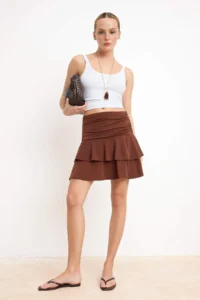 TRENDYOLMİLLA Brown skater Shirred Regular Waist Flexible Knitting Skirt - Image 2