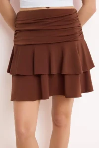 TRENDYOLMİLLA Brown skater Shirred Regular Waist Flexible Knitting Skirt - Image 3