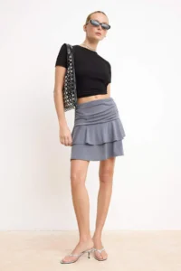TRENDYOLMİLLA Anthracite skater Shirred Regular Waist Flexible Knitting Skirt - Image 2