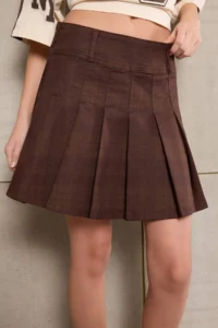 TRENDYOLMiLLA Teen Brown Plaid Patterned pleated Less Flexible Mini denim Skirt - Image 3