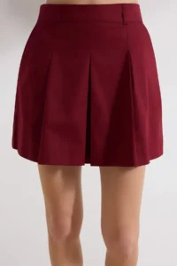 TRENDYOLMiLLA Burgundy 100% Cotton Gabardine Pleat Detailed Mini Skirt - Image 3