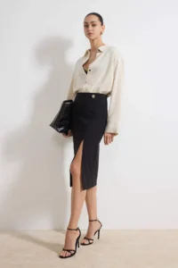 TRENDYOLMİLLA Black Pen Accessory Detailed Regular Waist Midi Scuba Crepe Knitting Skirt - Image 2