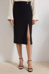 TRENDYOLMİLLA Black Pen Accessory Detailed Regular Waist Midi Scuba Crepe Knitting Skirt - Image 3