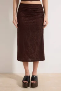 TRENDYOLMİLLA Dark Brown Floral Pen Shirred Regular Waist Midi Jacquard Knitting Skirt - Image 3
