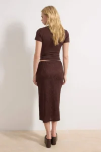 TRENDYOLMİLLA Dark Brown Floral Pen Shirred Regular Waist Midi Jacquard Knitting Skirt - Image 4