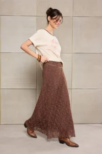 TRENDYOLMİLLA Teen Dark Brown A-Kesim/Life Form Arched Regular Waist Maxi Lace Knitting Skirt - Image 2